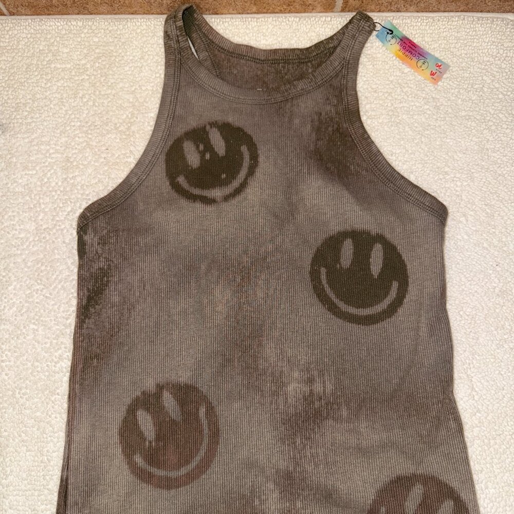Brown Acid Washed Tank with Happy Faces